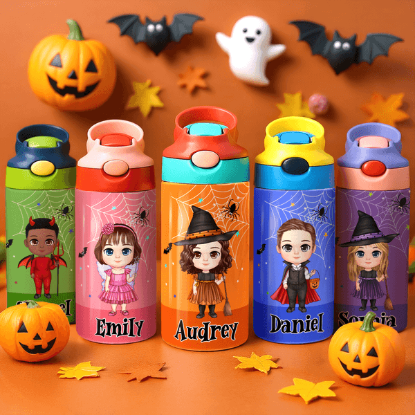 Personalisierte Cartoon-Charakter Hexe Vampir Kürbis Name 12 oz Kind isolierte Wasserflasche mit Griff und Silikon-Strohhalm Halloween Geschenk für Kinder