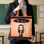 Personalised Cartoon Teacher Character Large Capacity Tote Bag with Text Teacher's Day Birthday Gift for Teachers