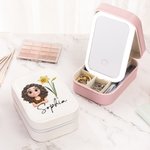 Pudełko na biżuterię ze skóry PU z imieniem i nazwiskiem oraz lusterkiem do makijażu LED Spersonalizowany prezent urodzinowy dla kobiet z postaciami z kreskówek 3D