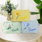Personalized Retro Oil Painting Gemstone Birth Flower Large Capacity Stripes Makeup Bag with Name Travel Essentials Bridesmaid Birthday Gift for Women