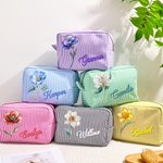 Personalized Retro Oil Painting Gemstone Birth Flower Large Capacity Stripes Makeup Bag with Name Travel Essentials Bridesmaid Birthday Gift for Women