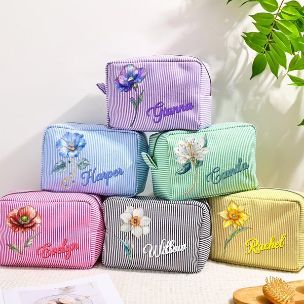 Personalized Retro Oil Painting Gemstone Birth Flower Large Capacity Stripes Makeup Bag with Name Travel Essentials Bridesmaid Birthday Gift for Women