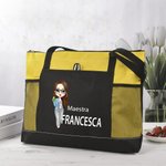 Borsa tote capiente personalizzata con nome e personaggio animato, con tasca a rete - Regalo speciale di ritorno a scuola per insegnanti