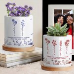 Personalized Toile De Jouy Design Birth Flower Ceramic Plant Pot with Name and Bamboo Base Thanksgiving Day Birthday Gift for Women