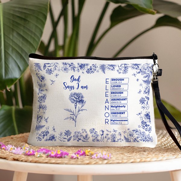 Gepersonaliseerd Toile De Jouy Geboortebloem Bijbel Hoofdstuk Naam Make-up tasje met polsbandje Doop Verjaardag Kerstcadeau voor vrouwen Christenen