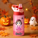 Personalisierte Cartoon-Charakter Hexe Vampir Kürbis Name 12 oz Kind isolierte Wasserflasche mit Griff und Silikon-Strohhalm Halloween Geschenk für Kinder