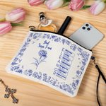 Personalizzato Toile De Jouy Nascita Fiore Bibbia Capitolo Nome Borsa trucco con cinturino Battesimo Compleanno Regalo di Natale per le donne cristiane
