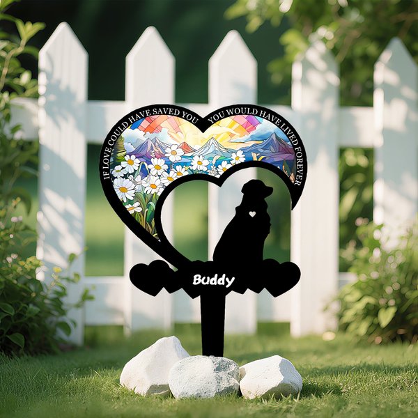Personalised Heart Faux Stained Glass Pet Silhouette Garden Stake with Text and Name Memorial Sympathy Loss of Pet Gift for Dog Owners