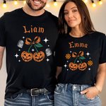 Spersonalizowana miękka koszulka z imieniem i nazwiskiem Cherry Bow Pumpkin do noszenia na co dzień Upiorny prezent na Halloween dla przyjaciela rodziny