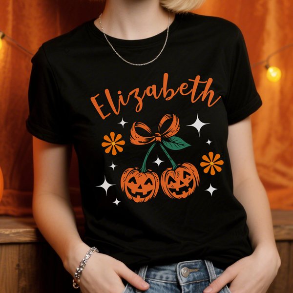 Personalised Cherry Bow Pumpkin Soft T-shirt Sweatshirt with Name Daily Wear Spooky Season Halloween Gift for Family Friend