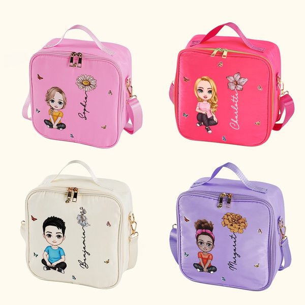 Personalized Cute Cartoon Character Birth Flower Insulated Lunch Bag with Name & Handle Portable School Travel Picnic Gift for Kids Family
