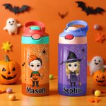 Personalisierte Cartoon-Charakter Hexe Vampir Kürbis Name 12 oz Kind isolierte Wasserflasche mit Griff und Silikon-Strohhalm Halloween Geschenk für Kinder