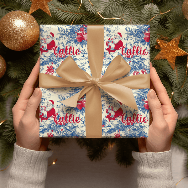 Personalized Toile De Jouy Santa Claus Wrapping Paper with Name Christmas Gift for Family Friends