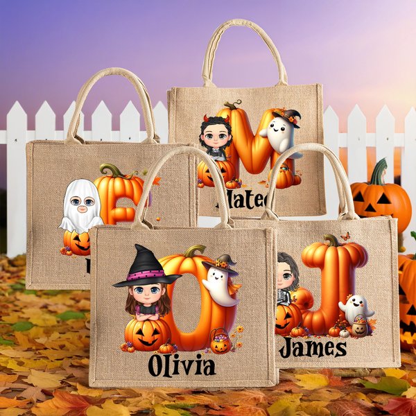 Personalisierte Kürbis Geist Cartoon-Figur Jute Tragetasche mit Initiale und Namen Trick or Treat Halloween Party Geschenk für Jungen Mädchen