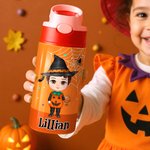 Personalisierte Cartoon-Charakter Hexe Vampir Kürbis Name 12 oz Kind isolierte Wasserflasche mit Griff und Silikon-Strohhalm Halloween Geschenk für Kinder