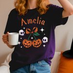 Spersonalizowana miękka koszulka z imieniem i nazwiskiem Cherry Bow Pumpkin do noszenia na co dzień Upiorny prezent na Halloween dla przyjaciela rodziny