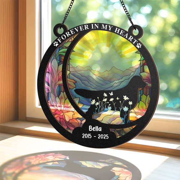 Personalized Pet Silhouette Stained Glass Effect Acrylic Window Suncatcher with Title Name and Date Birthday Memorial Gift for Cat Dog Lovers