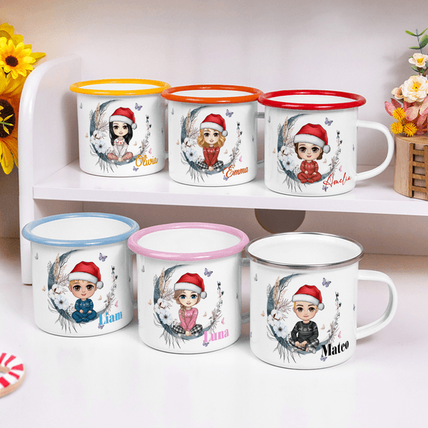 Personalizzato fiore farfalla luna personaggio dei cartoni animati 12 oz tazza smaltata con nome compleanno regalo di Natale per bambini ragazzi ragazze