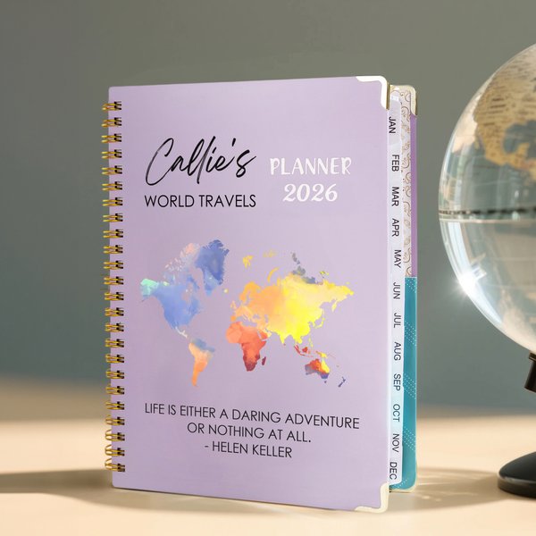Carte de voyage personnalisée 2026 Planificateur A5 Calendrier Carnet de notes avec nom et titre Cadeau d'anniversaire de voyage pour les voyageurs Diplômés