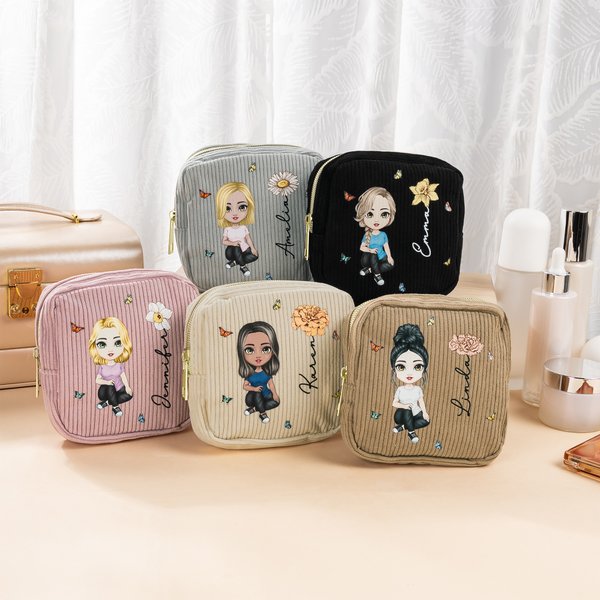 Personalised Birth Flower Cartoon Character Corduroy Sanitary Napkin Storage Bag with Name Portable Travel Essentials Daily Use Gift for Women