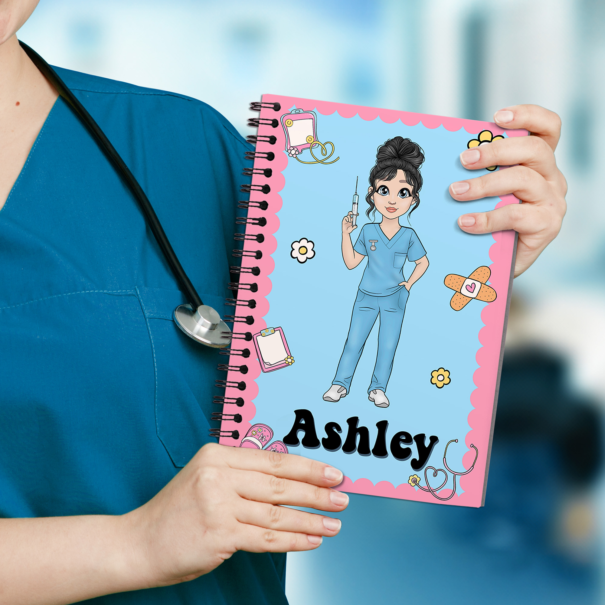 Personalisierte Krankenschwester Cartoon-Charakter A5 Spirale Notebook mit Namen und 120 linierten Seiten Krankenschwester Woche Anerkennung Geschenk für medizinisches Personal