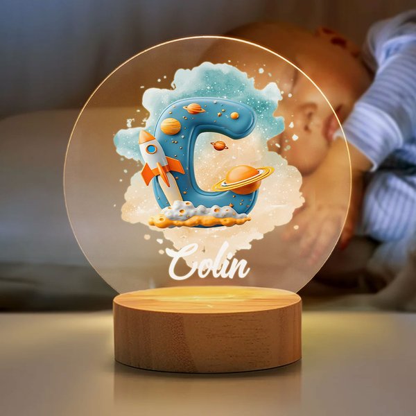 Spersonalizowana lampka nocna LED z imieniem i nazwiskiem Fantasy Nebula Rocket Planet z drewnianą podstawą Dekoracja pokoju Baby Shower Prezent urodzinowy dla dziecka Nowa mama