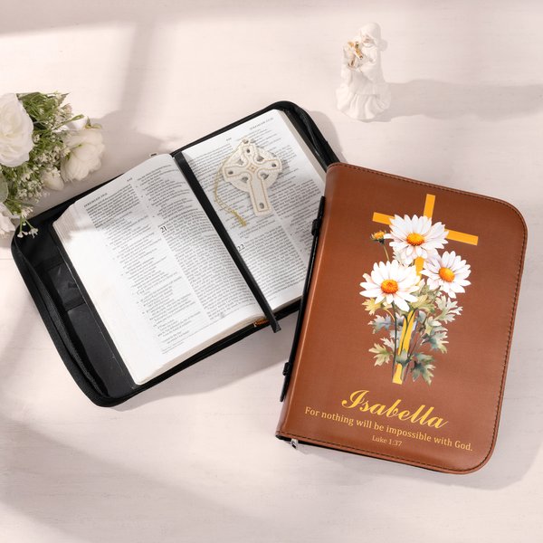 Personalized Birth Flower Cross Bible Verses PU Leather Book Cover with Name and Text Birthday Anniversary Gift for Christian Women