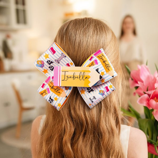 Personalized Pencil Composition Book Design Hair Bow Clip with Name and Card Hair Accessory Back to School First Day of Kindergarten Gift for Girls