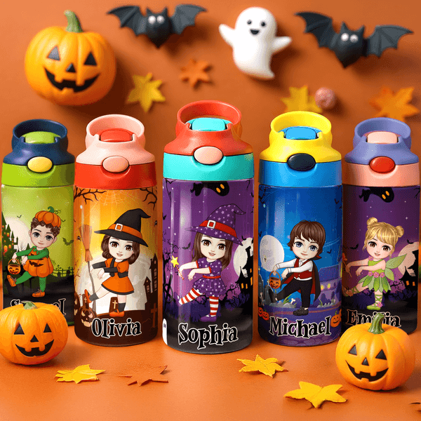 Bottiglia d'acqua isolata da 12 oz con cannuccia e coperchio a prova di fuoriuscita Festa di Halloween per ragazzi e ragazze