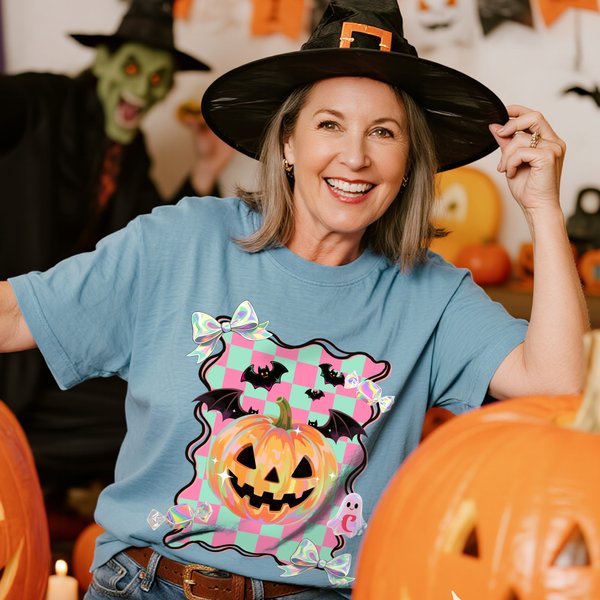 Personalised Halloween Theme Preppy Coquette T-shirt Sweatshirt with Initial Halloween Party Gift for Family Friends