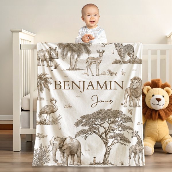 Personalised Cute Jungle Animals Soft Throw Blanket with First Name and Last Name Nursery Decor Birthday Baby Shower Gift for Kids Newborns