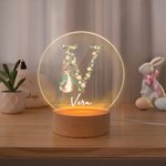Personlig akryl LED nattlampa med blommig initial och söt kanin med träsockel och namn perfekt hemdekoration påskfest födelsedagspresent för barn