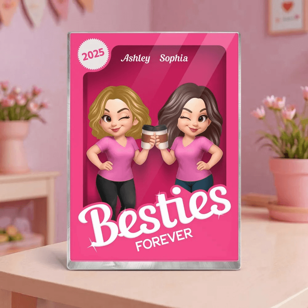 Besties Forever Pink Action Figure, 3D Effect Custom Acrylic Block with 2-6 Names and Year, Home Decor, Birthday/Christmas Gift for Best Friend/Her