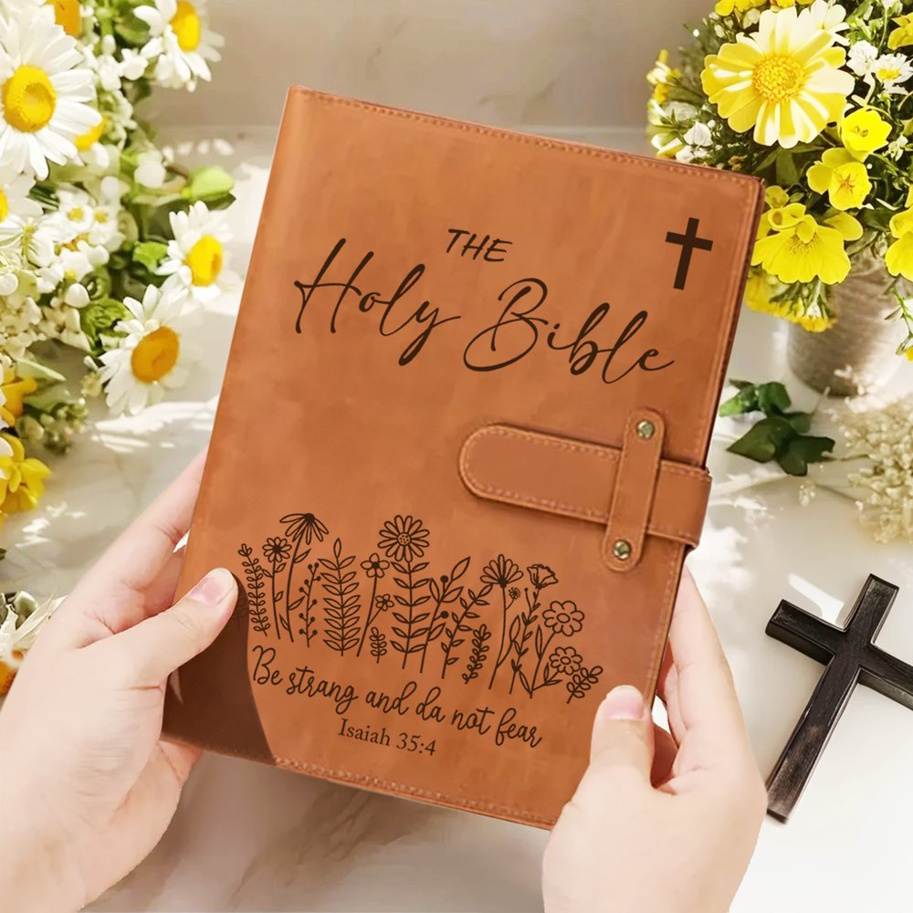 Personalized The Holy Bible Flower Portable A5 PU Leather Notebook Cover with Text and Pocket Birthday Inspirational Gift for Christian 5