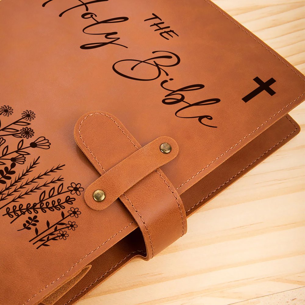 Personalized The Holy Bible Flower Portable A5 PU Leather Notebook Cover with Text and Pocket Birthday Inspirational Gift for Christian 4