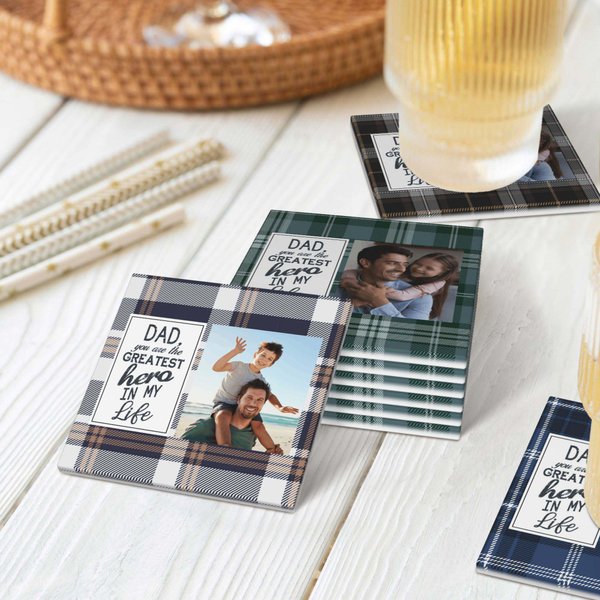 Personalised You Are the Greatest Hero Buffalo Plaid Design Ceramic Coaster with Photo Birthday Father's Day Christmas Gift for Dad