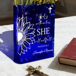 Personalized Sunflower Cross Bible Quotes Clear Book Vase with Name Aesthetic Room Decor Baptism Birthday Gift for Women Christians