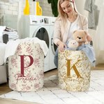 Spersonalizowany składany kosz na pranie Toile De Jouy Floral Initial o dużej pojemności z imieniem i nazwiskiem Prezent świąteczny na parapetówkę dla rodziny