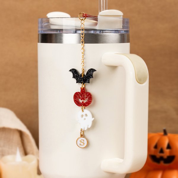 Personalized Cute Bat Pumpkin Ghost Tumbler Charm with Letter Straw Accessories for 20 oz to 40 oz Stanley Tumbler Halloween Gift for Friend Kids