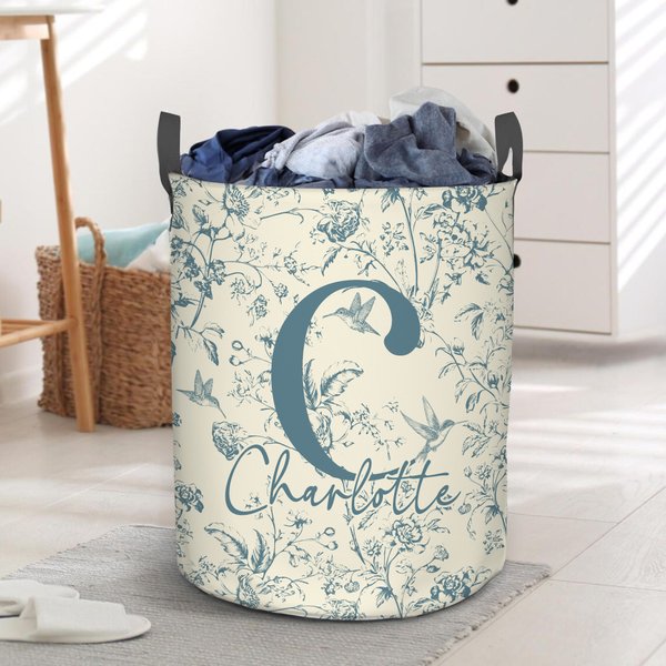 Spersonalizowany składany kosz na pranie Toile De Jouy Floral Initial o dużej pojemności z imieniem i nazwiskiem Prezent świąteczny na parapetówkę dla rodziny