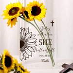 Personalized Sunflower Cross Bible Quotes Clear Book Vase with Name Aesthetic Room Decor Baptism Birthday Gift for Women Christians