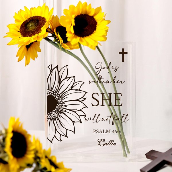 Personalized Sunflower Cross Bible Quotes Clear Book Vase with Name Aesthetic Room Decor Baptism Birthday Gift for Women Christians