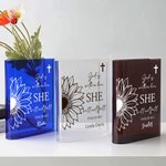 Personalized Sunflower Cross Bible Quotes Clear Book Vase with Name Aesthetic Room Decor Baptism Birthday Gift for Women Christians