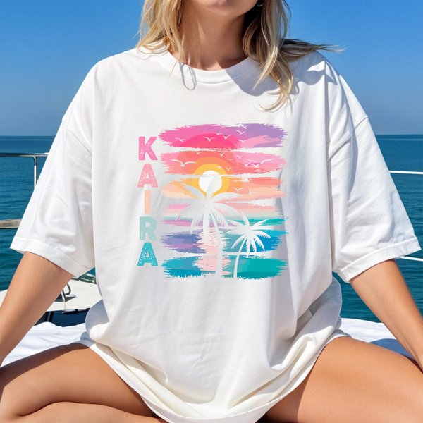 Personlig Coconut Tree Beach Sunset T-skjorte T-skjorte Genser med hettegenser med navn Ferie Beach Party Bursdagsgave til familie venner