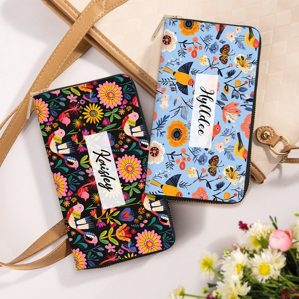 Henkilökohtainen Folk Art Flower Suuri PU Nahka nimi käsi lompakko useita osastoja ja metalli vetoketju Syntymäpäivä vuosipäivä lahja naiselle