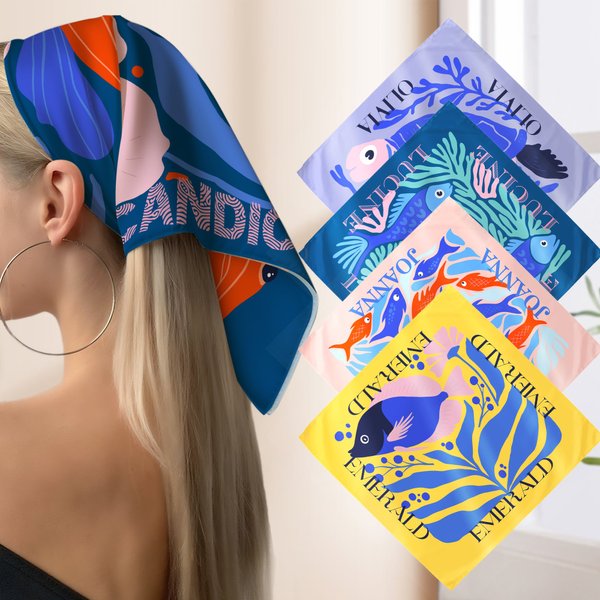 Foulard Carré en Satin Personnalisé avec Motif Art Océan Multicolore Baleine Méduse et Nom Accessoire de Voyage Fête Cadeau pour Femme