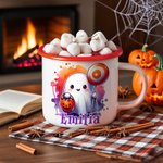 Personalized Cute Ghost Pumpkin 12 oz Enamel Mug with Name Trick or Treat Use Halloween Party Gift for Boys Girls