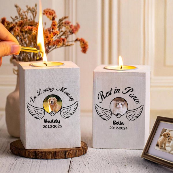Bougeoir en bois personnalisé avec titre, nom et année de la perte de l'animal Cadeau commémoratif de sympathie pour le propriétaire de l'animal