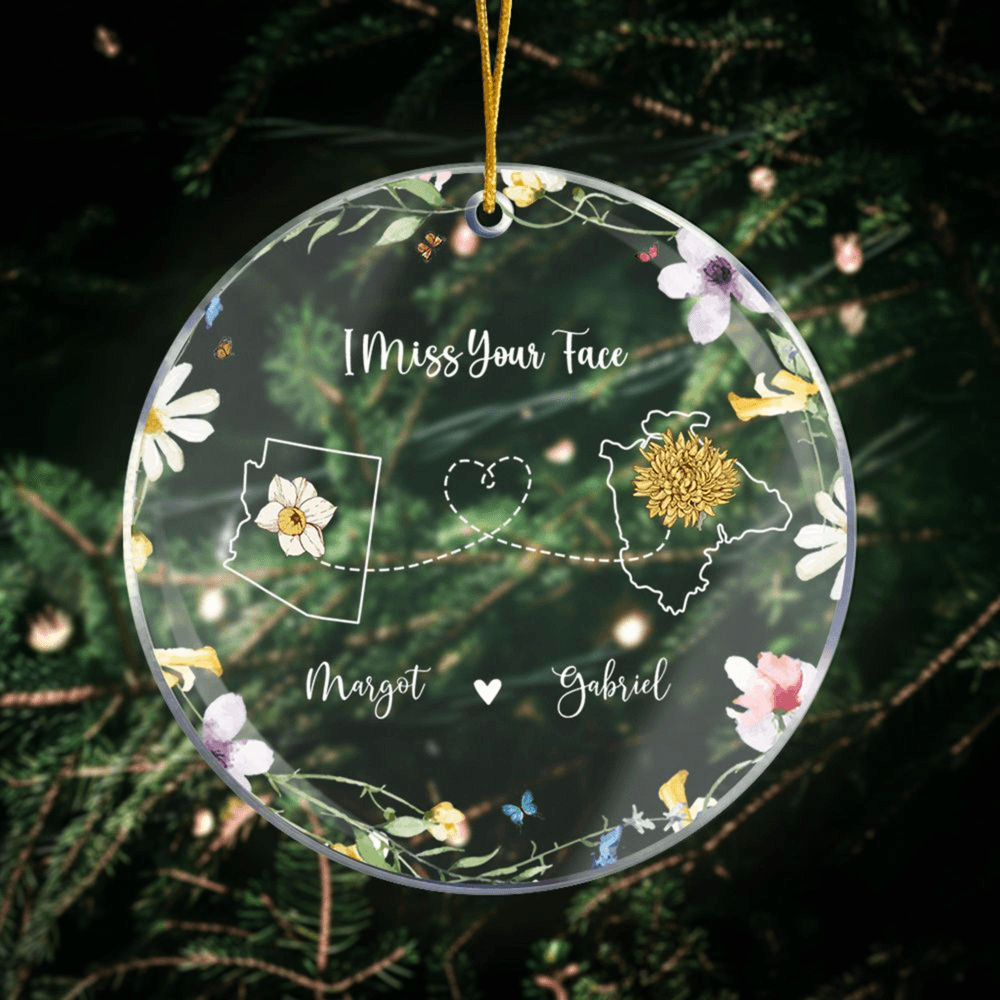 Personalized Names & Birth Flowers US State Maps Long Distance Ornament, Acrylic Christmas Tree Hanging Decor, Christmas Gift for Family/Friends