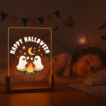 Personalized Ghost Campfire Acrylic LED Night Light with Text and Wooden Base Adjustable 7 Lights Desk Decor Happy Halloween Gift for Family Friend